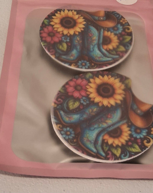 Boots and Sunflowers Car Coaster Set